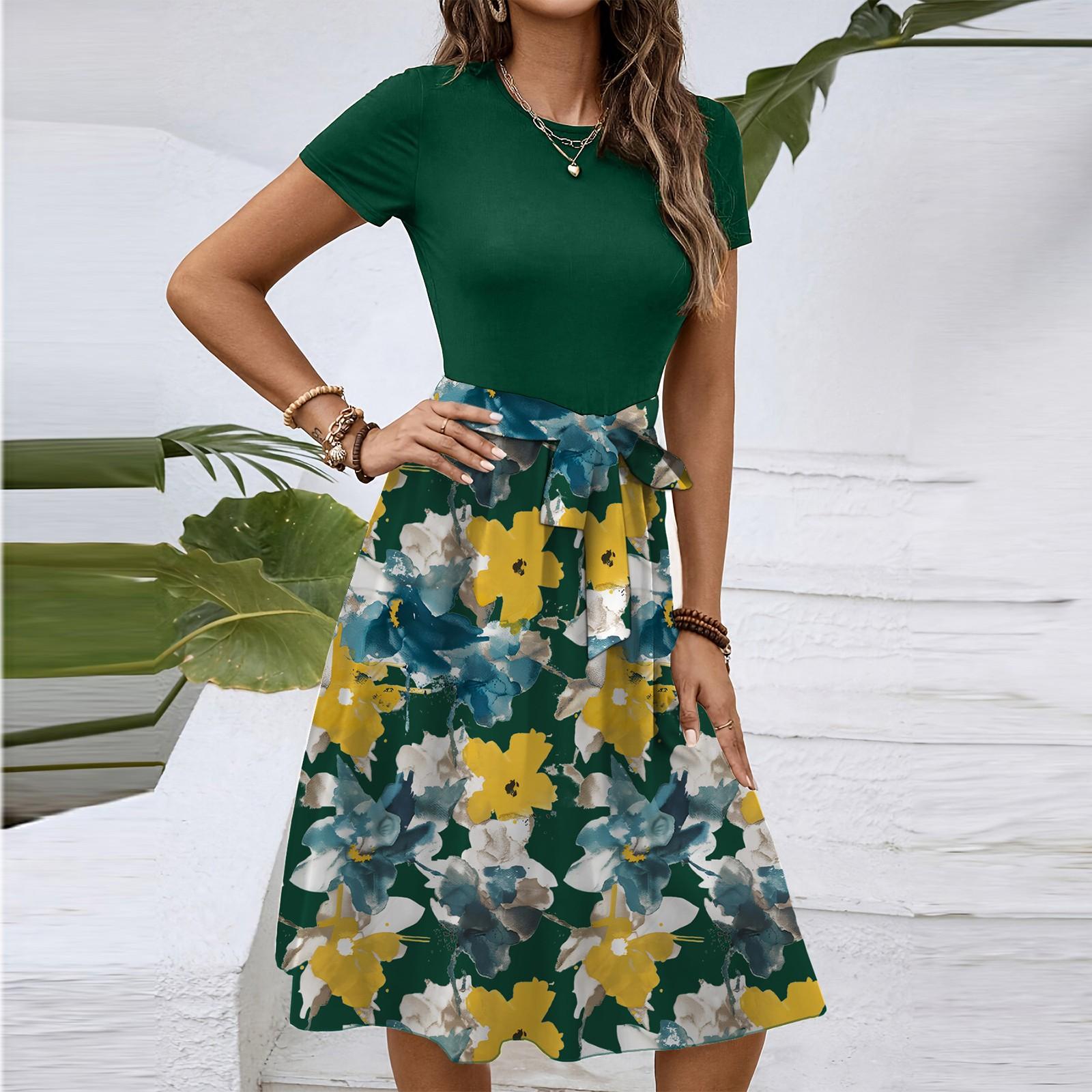 

Жіноча модна сукня в ретро-стилі з принтом, кольоровими блоками та поясом для повсякденного носіння M зелений