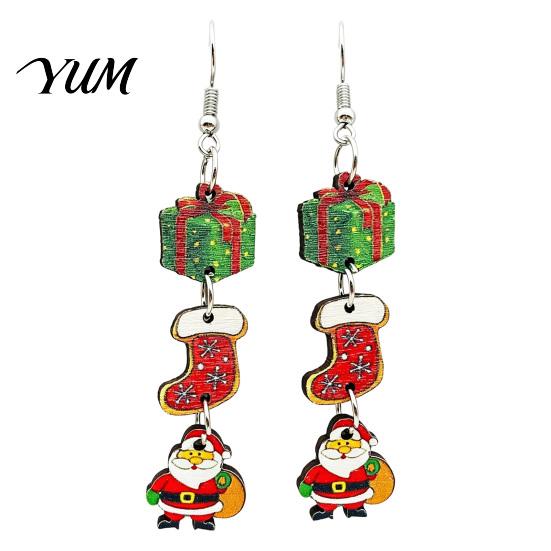 Christmas Fashion Jewelry 1 Pair Wooden Dangle Drop Earrings for Women, Cute Santa Holiday Wood Gingerbread Candy Cane Earrings, Vintage Winter Party