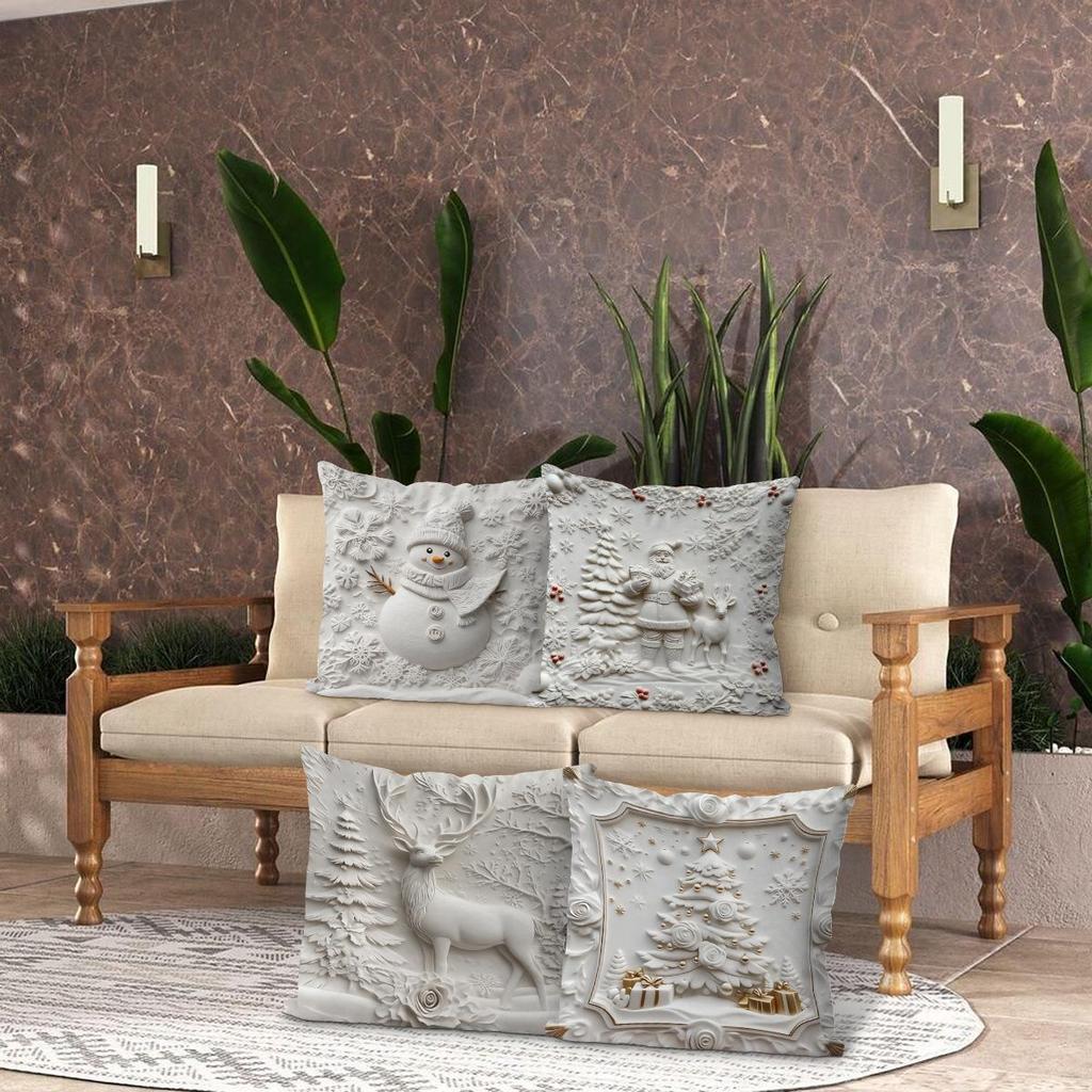 4-teiliges weißes Weihnachtskissenbezug-Set: Muster mit Weihnachtsmann, Schneemann, Baum & Rentier für das Wohnzimmer-Sofa
