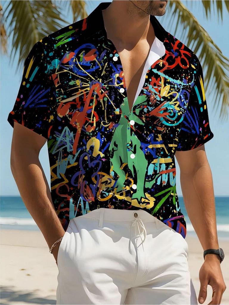 Men'S Urban Street Style Aloha Shirt, Abstract Graffiti Print, Casual Vacation Shirt, Suitable for Fans of Cool And Trendy Styles