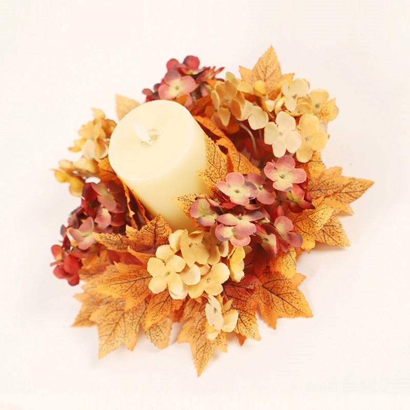 Autumn Candle Holder Wreaths Maple Leaf Garlands Small Flower Rings Decorative Thanksgiving Decorations for Dining Room