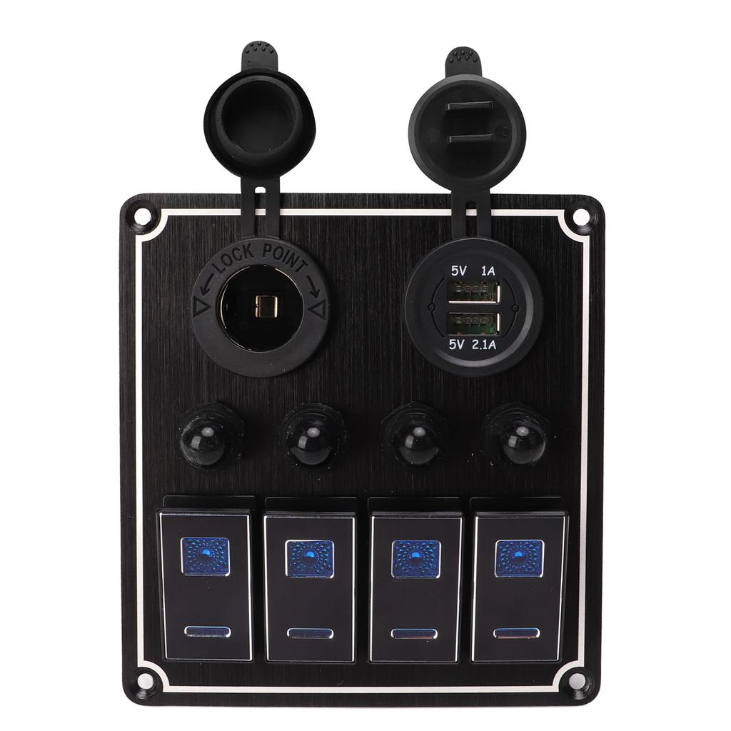 4 Gang Rocker Switch Panel with USB Cigarette Lighter Socket Toggle ON Off Combination Switch Panel for Caravan Yacht