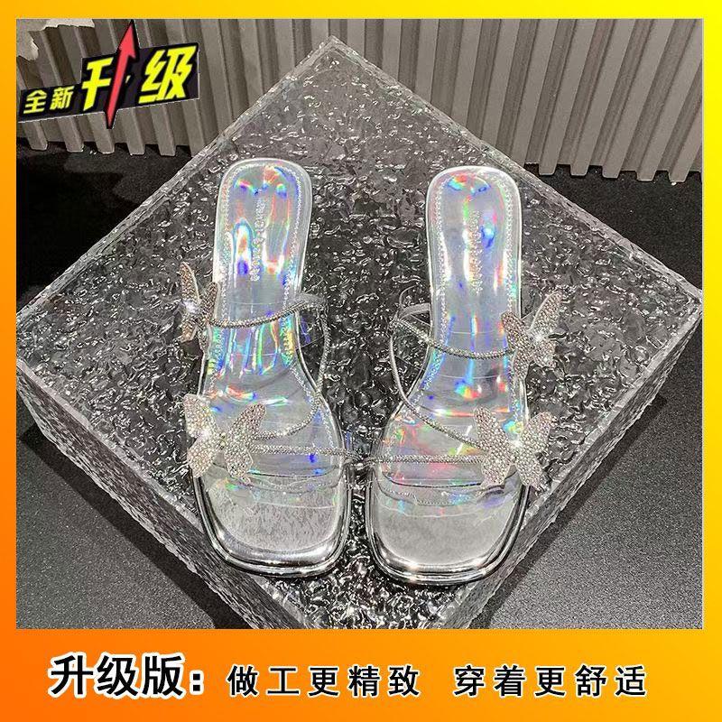 Transparent temperament cool slippers women's 2025 summer new beautiful with skirt high heel bow rhinestone fairy sandals