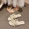 Small fragrant wind cool slippers women wear 2025 summer new fairy wind pearl fashion flat bottom one word slippers women tide