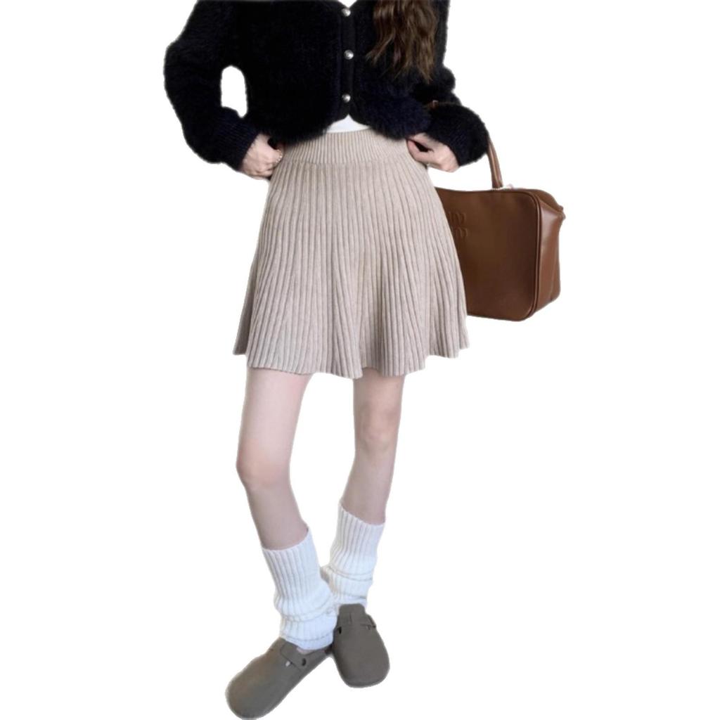 Grey Slimming High-Waisted Knit A-line Skirt - Women's 2025 Retro Korean Style Short Skirt
