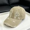 American-style washed denim baseball cap with distressed details, suitable for women, with a large head circumference, and a trendy design