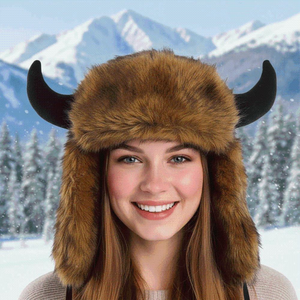 Windproof Fabric Faux Fur Hat Mink Texture Ear Flap Headwear Bull Horns Bonnet Cold Weather