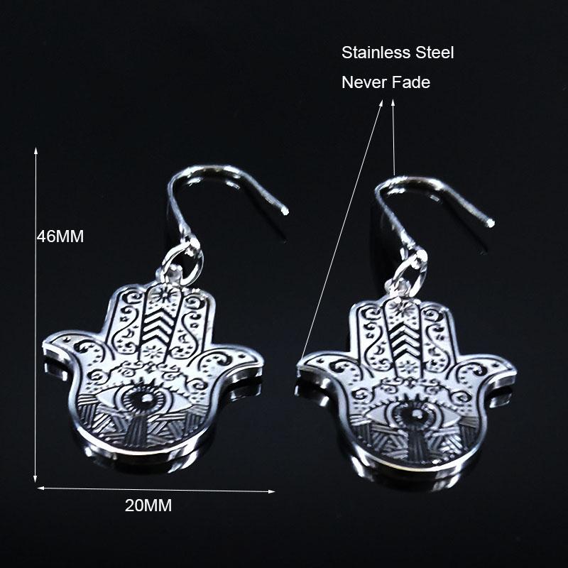 Hamsa Hand Stainless Steel Dangle Earrings Women Black Enamel Earrings Jewelry joyas de acero inoxidable para mujer E2037S02