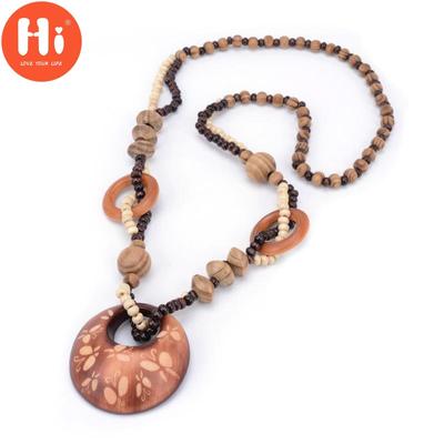 Hi DIY Wood Bohemia Folk-custom Long Section Wooden Round Sweater Necklace Accessories Necklace