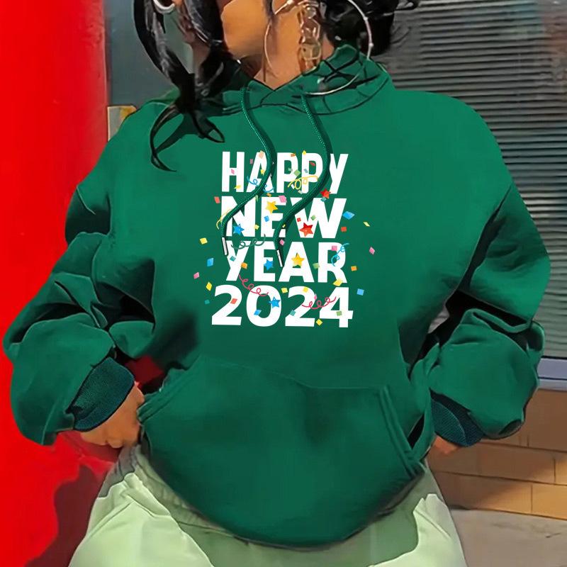 Herbst und Winter Frohes Neues Jahr Bedruckter Schulterärmel Fleece Kapuzenpullover Damen
