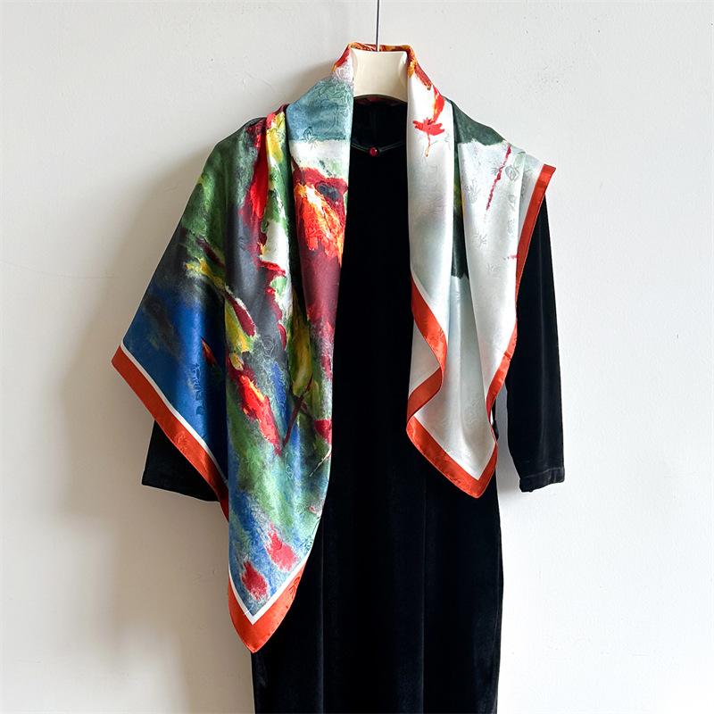 90X90cm Silk Scarf Retro Oil Painting style Women Square Scarf Shawl For Mom Gift Soft Wraps Neckerchife Hairband Sun Protection