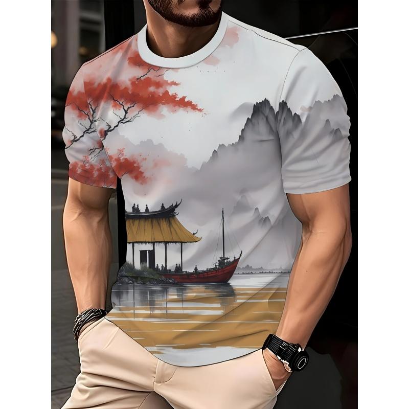 3D Printed Chinese Painting T Shirt For Men Landscape Flowers Pattern Short-Sleeved