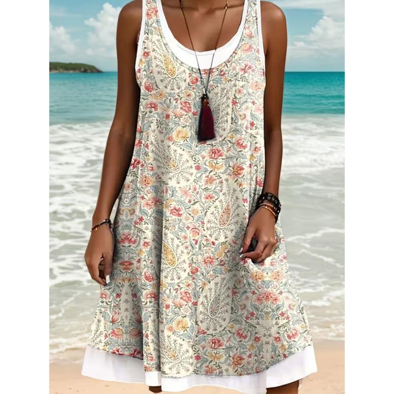 Women's Geometric Floral Print Sleeveless Dress - Suitable for All Seasons, Suitable for Summer Beach Wear