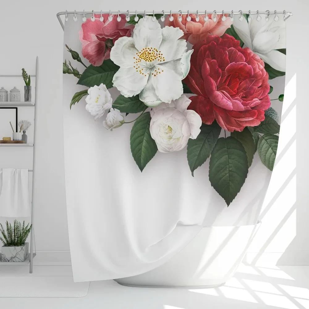 1Pcs Elegant Rose Flower Printed Fabric Waterproof Shower Curtain, Romantic and Fashionable Rose Bathroom Decoration, with Hooks