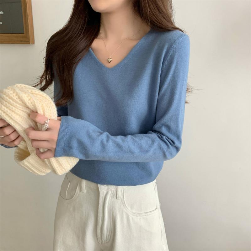 Autumn Winter V-neck Solid Color Simple All-match Bottomed Knitting Top Women Long Sleeve Casual Pullover Sweater