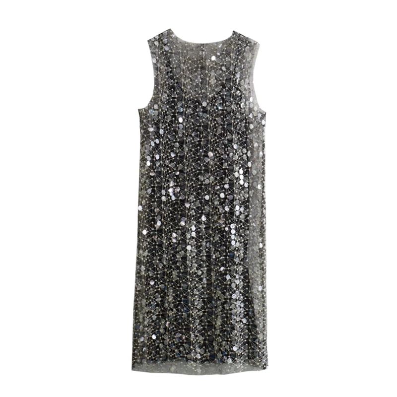 Za2024 Same Style European and American Women clothes Spring New Sexy Mesh Beads Decoration Midi Dress 7901454