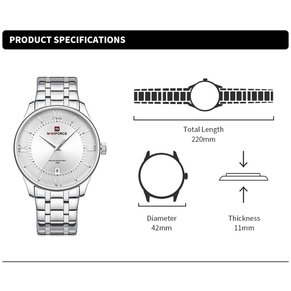 NAVIFORCE Men Quartz Watch Daily Casual Calendar Simple Dial 30m Waterproof Stainless Steel Strap Men Casual Watch Gift NF9272S