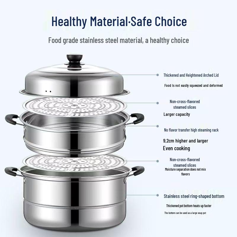 Stainless Steel Extra Thick Two/Three-Layer Steamer Pot with Large Capacity for Induction & Gas Stoves