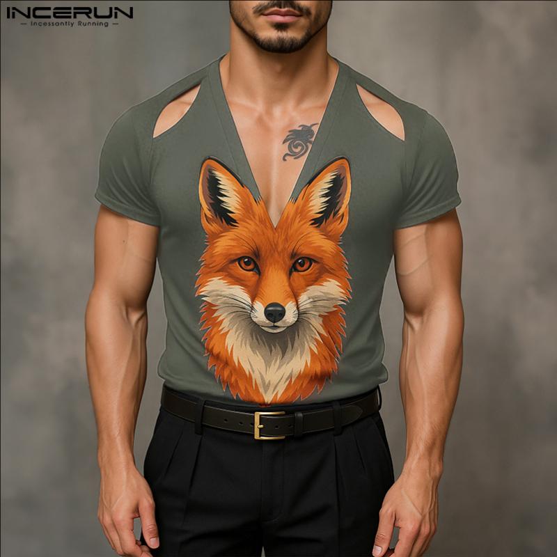 INCERUN Men Cutout V Neck Short Sleeves 3D Print Casual Fitted T-shirts Tops