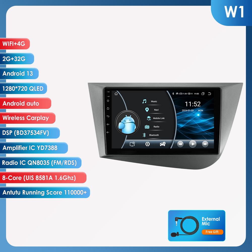 OSSURET Carplay 4G 9'' 2din Radio Auto Android pentru Seat Leon 2 MK2 2005-2012 Carplay 4G Player Video Multimedia Ecran Inteligent Autoradio Audio RDS