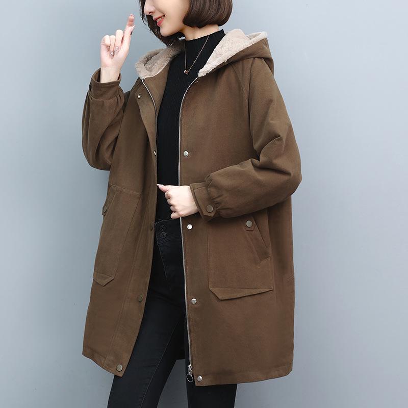 

Женская парка средней длины - Стиль 2024, на флисовой подкладке, хлопок, идеально подходит для осени/зимы, модная и теплая для мам. XL кофейный