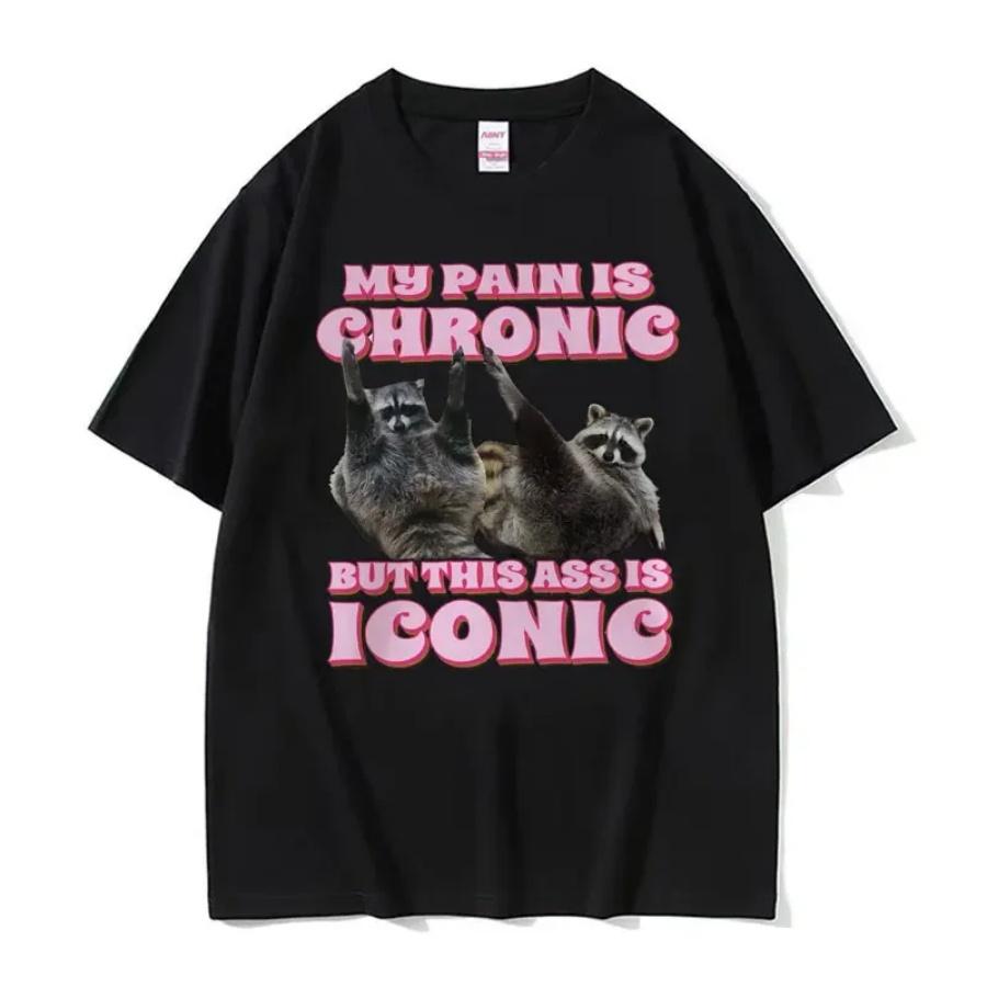 Meine Schmerzen sind chronisch, aber dieser Hintern ist ikonisch T-Shirt Lustiges Waschbär-Meme T-Shirt Herren Damen Vintage Kawaii Partner-T-shirt Tops