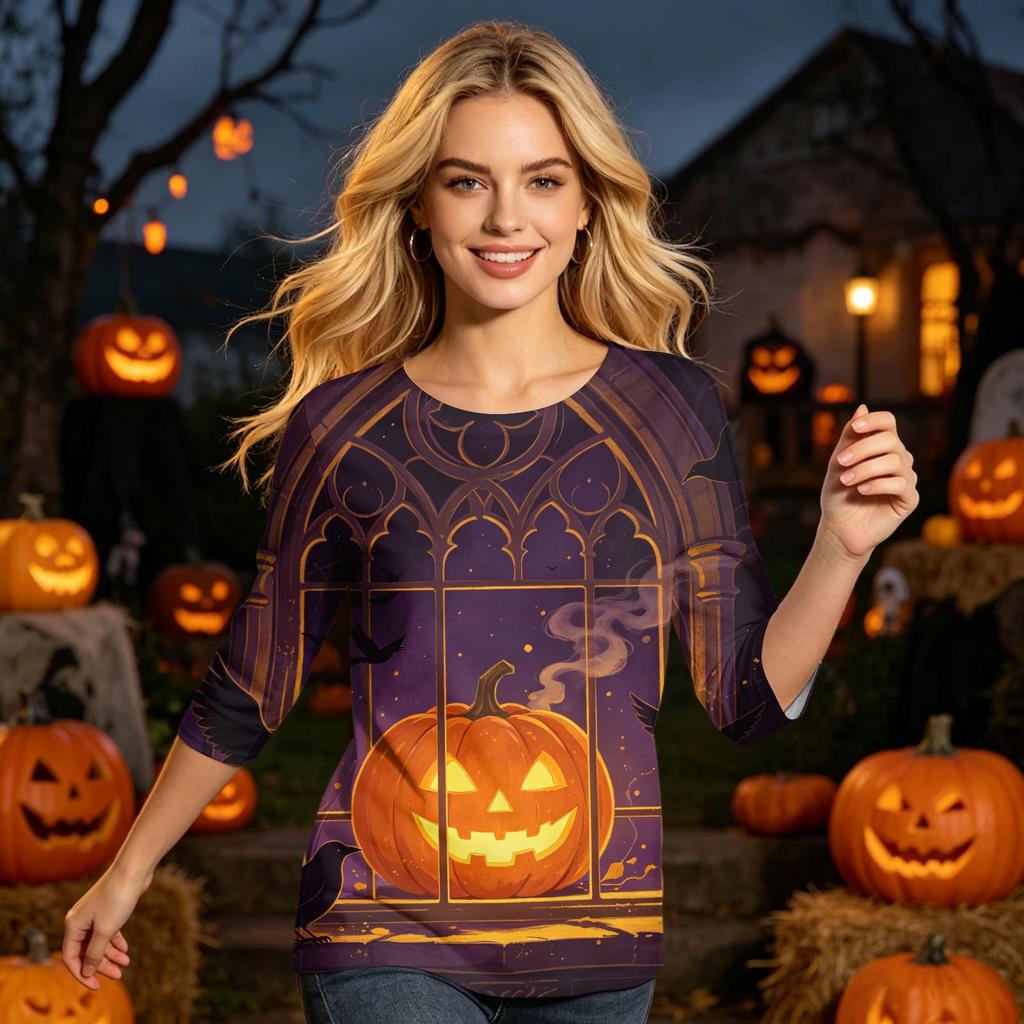 Women's Casual Halloween Graphic Top Three Quarter Sleeve Round Neck Shirt Lightweight Soft Fabric Comfortable Fit