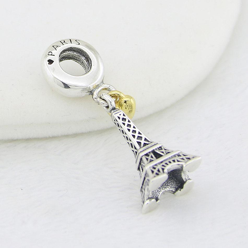 Original Paris Eiffelturm & Gold Herz Anhänger Perlen Passen 925 Sterlingsilber Perlen Charm Mode Armband DIY Schmuck