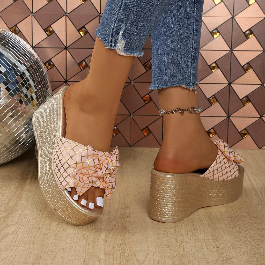 Fashion Summer Women's Wedge Slippers Leopard Print Bow Tie Waterproof Platform  Slippers Outdoor Leisure Large Size Zapatillas De Mujer