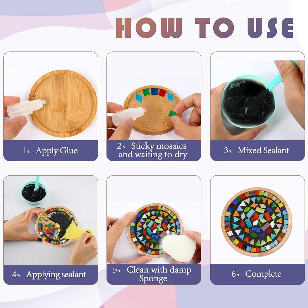 DIY Mosaic Tiles Crafts Kits for Adults, Mixed Stained Glass Mosaic Kit with 2 Sets Wooden Coaster Making Materials Package,Mosaic Adult Crafts for
