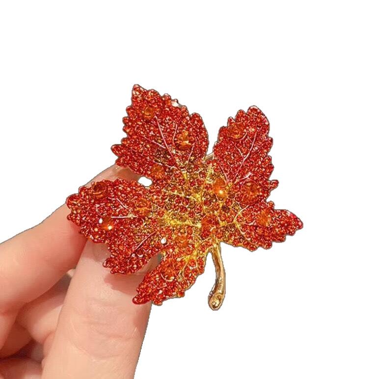 Elegant Rhinestone Red Maple Leaf Brooch for Women - Retro Floral Design
