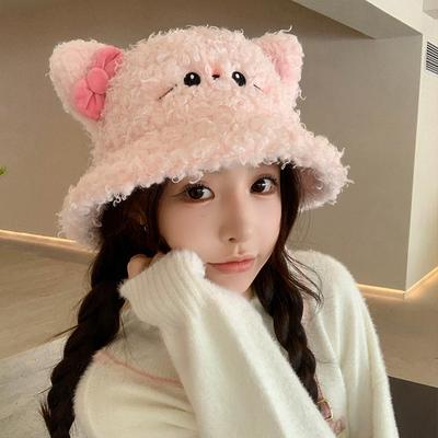 Cute Cat Lamb Plush Bucket Hat Female Sweet Versatile Washbasin Hat Big Head Circumference Warm Hat