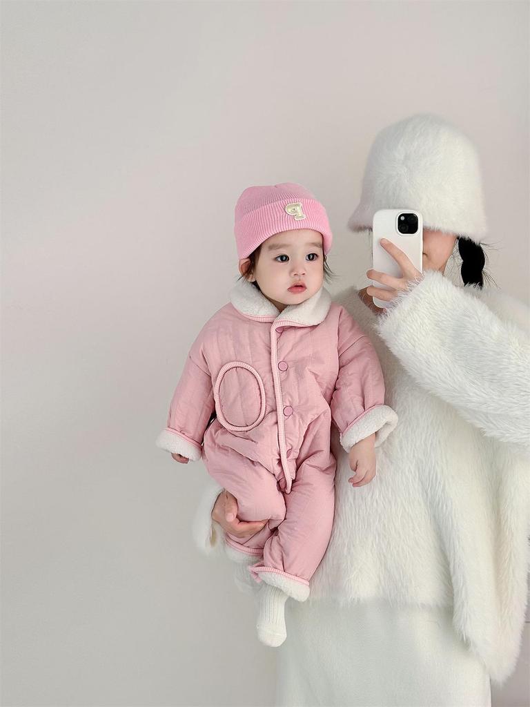 Coffee-Colored Fleece-Lined Baby Romper: Trendy Padded Cotton Jumpsuit for Boys/Girls