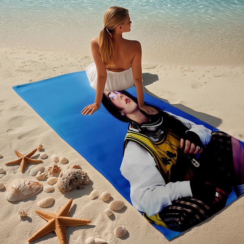 proof beach towel with a singer Billie Eilish1 pattern - soft,absorbent,quick-drying,machine washable - perfect for swimming,camping,bathing
