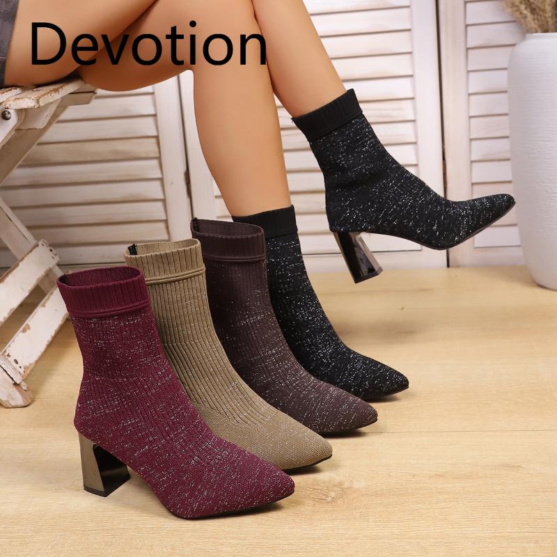 New Socks, Boots, Women's Boots, Large Size, High Heels, Square Heels, Elastic Boots, Women's Shoes, Single Shoes Devotion
