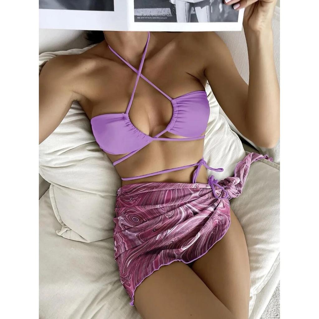 Women's Fashion Drawstring Lace Short Skirt Mesh Bikini Swimwear Set (3 Piece Set with Chest Cushion Without Steel Bracket)