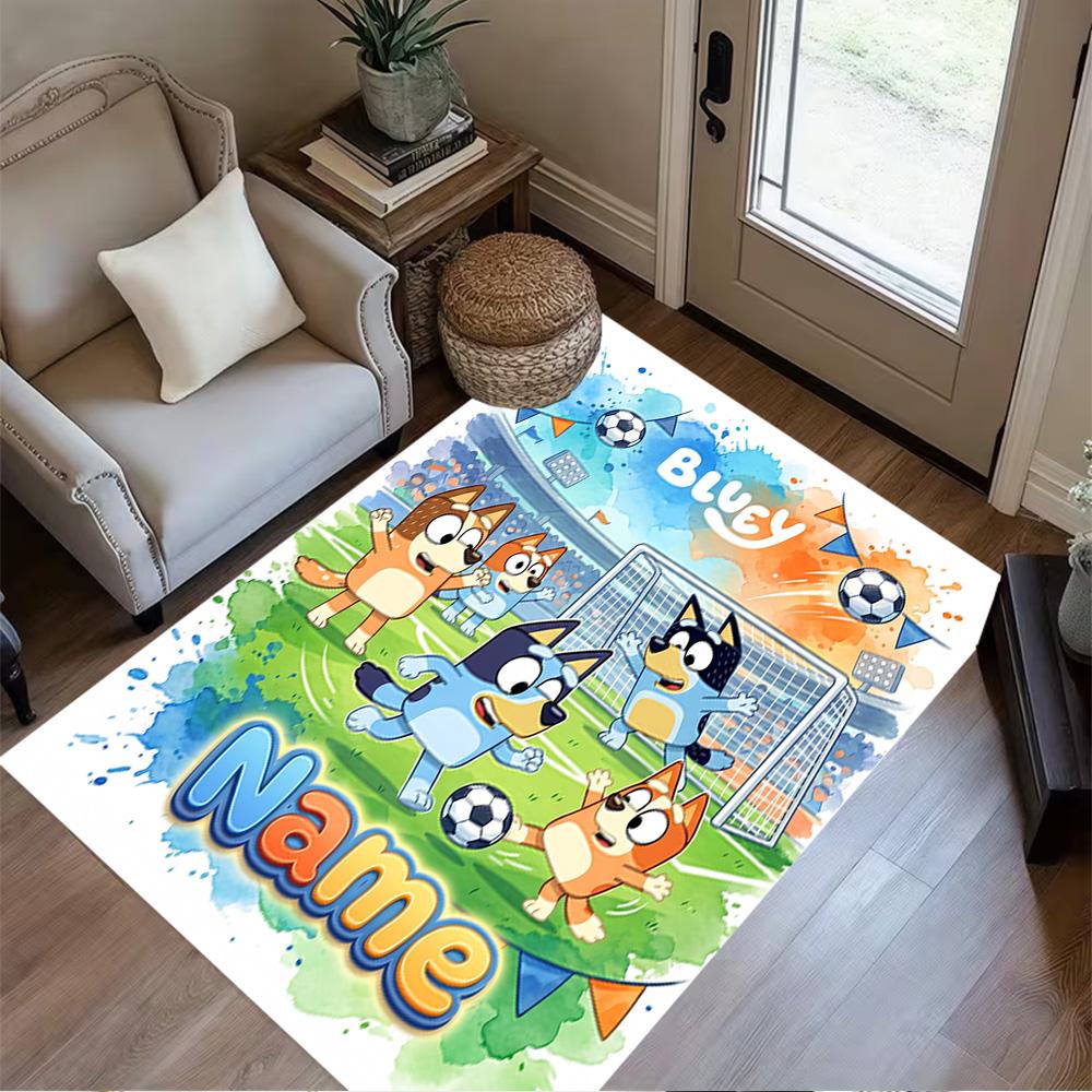 Bluey Soccer Fun Personalized Text Carpet Perfect for Game Room Kitchen Balcony Dining Room Anti-slip Rug Anime Office Decor