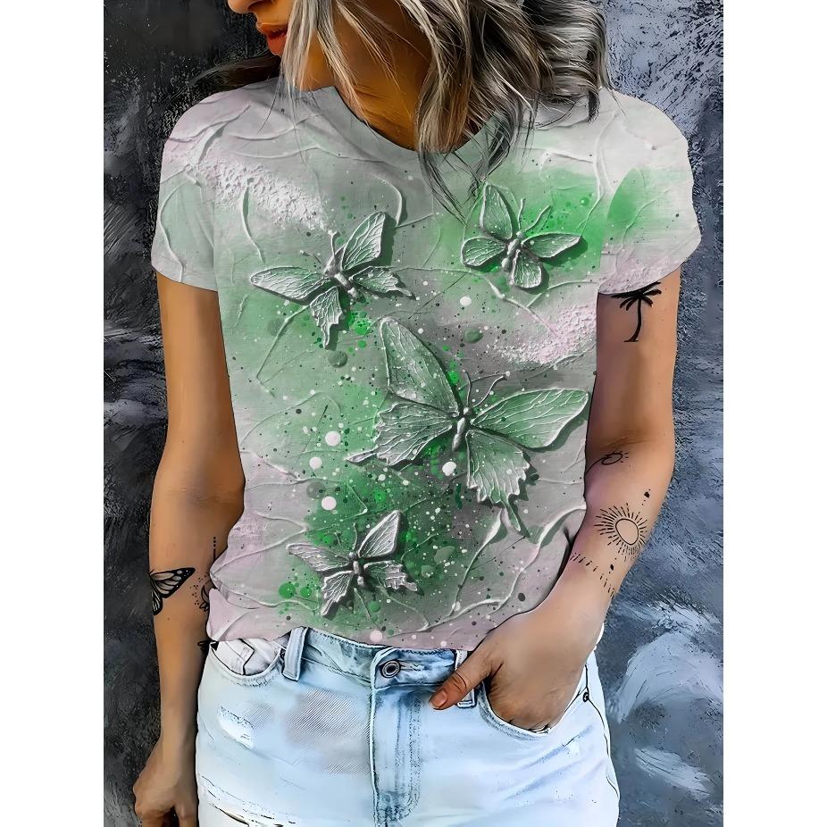 3D Butterfly Design T-Shirt, Casual Short-Sleeve Top Suitable for Spring and Summer, Womens Tees