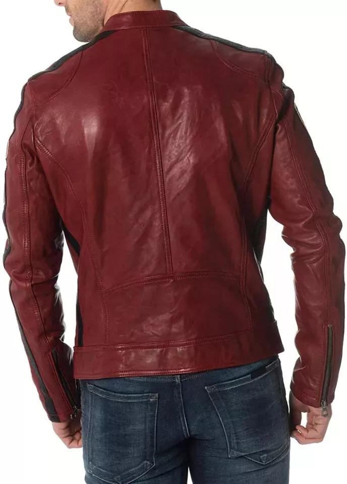 Men's Genuine Sheepskin Leather Jacket Biker Burgundy Trendy Striped Casual Wear
