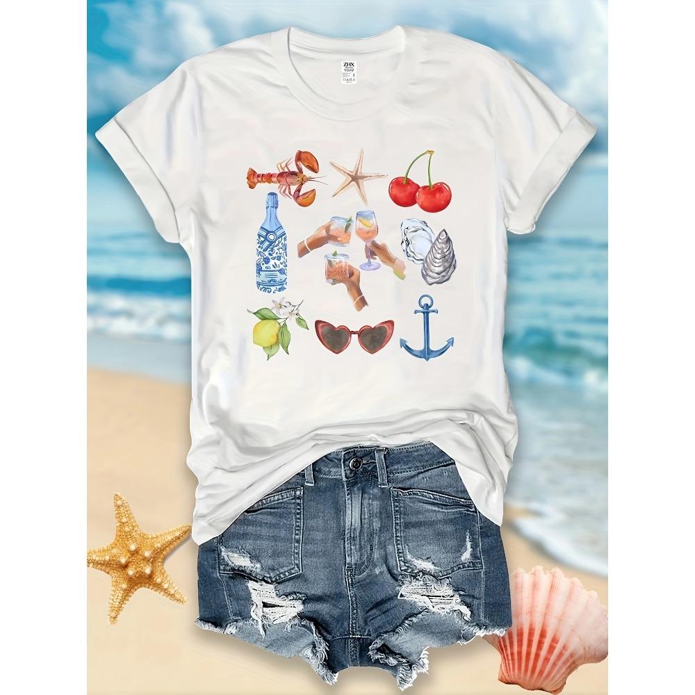 

Light Beige-Friendly Mediterranean Summer Print Vibrant Lobster Oysters Cherries Roostertails Lemon Sleeve Aesthetic 3XL