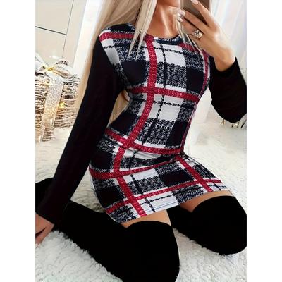 Vestido Bodycon com Estampa Xadrez, Vestido Mini Casual de Manga Comprida com Gola Careca, Roupa Feminina