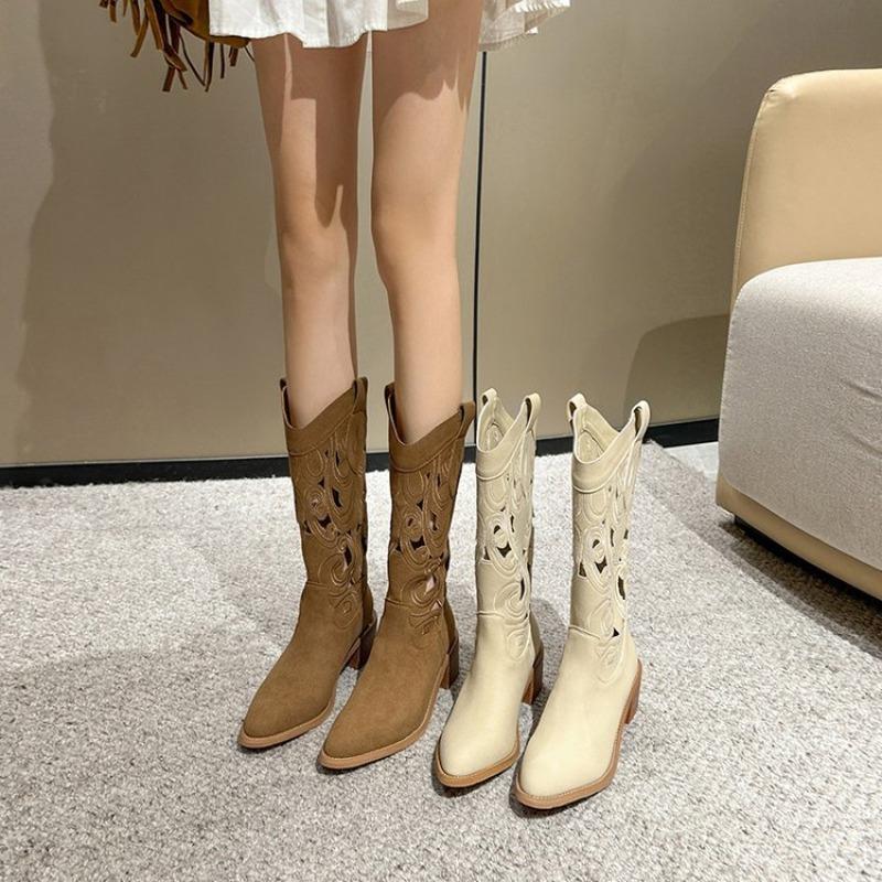 Large size hollow high boots children's autumn new style embroidery thick high heel boots women