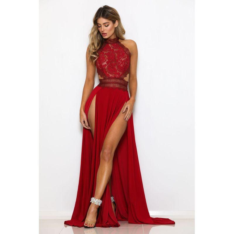 

Женское сексуальное платье с кружевом, прозрачное, с открытой спиной, с высоким разрезом Red XL