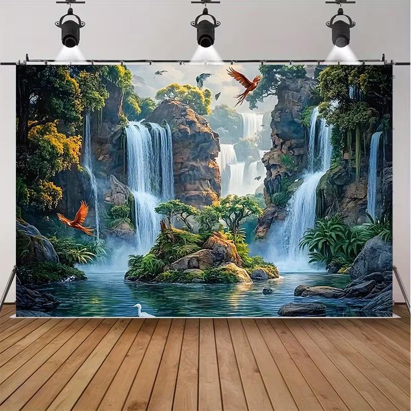 2D Rainforest Waterfall Backdrop, Tropical Nature Tapestry for Home