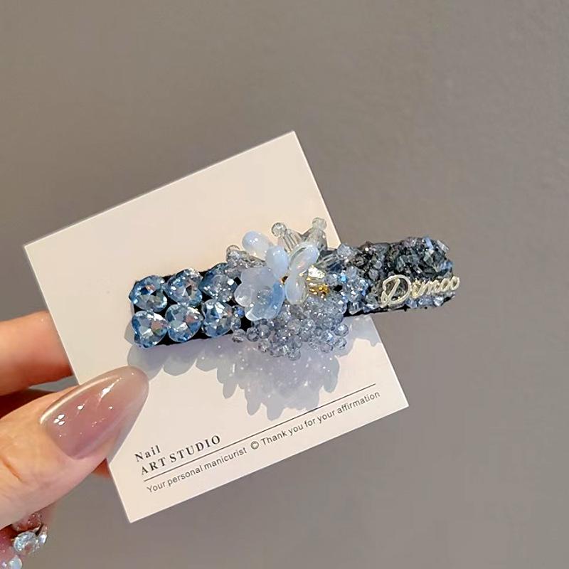 Vintage Korean Blue Crystal Flower Hair Clip - High-End Shiny BB Clip for Bangs and Sides