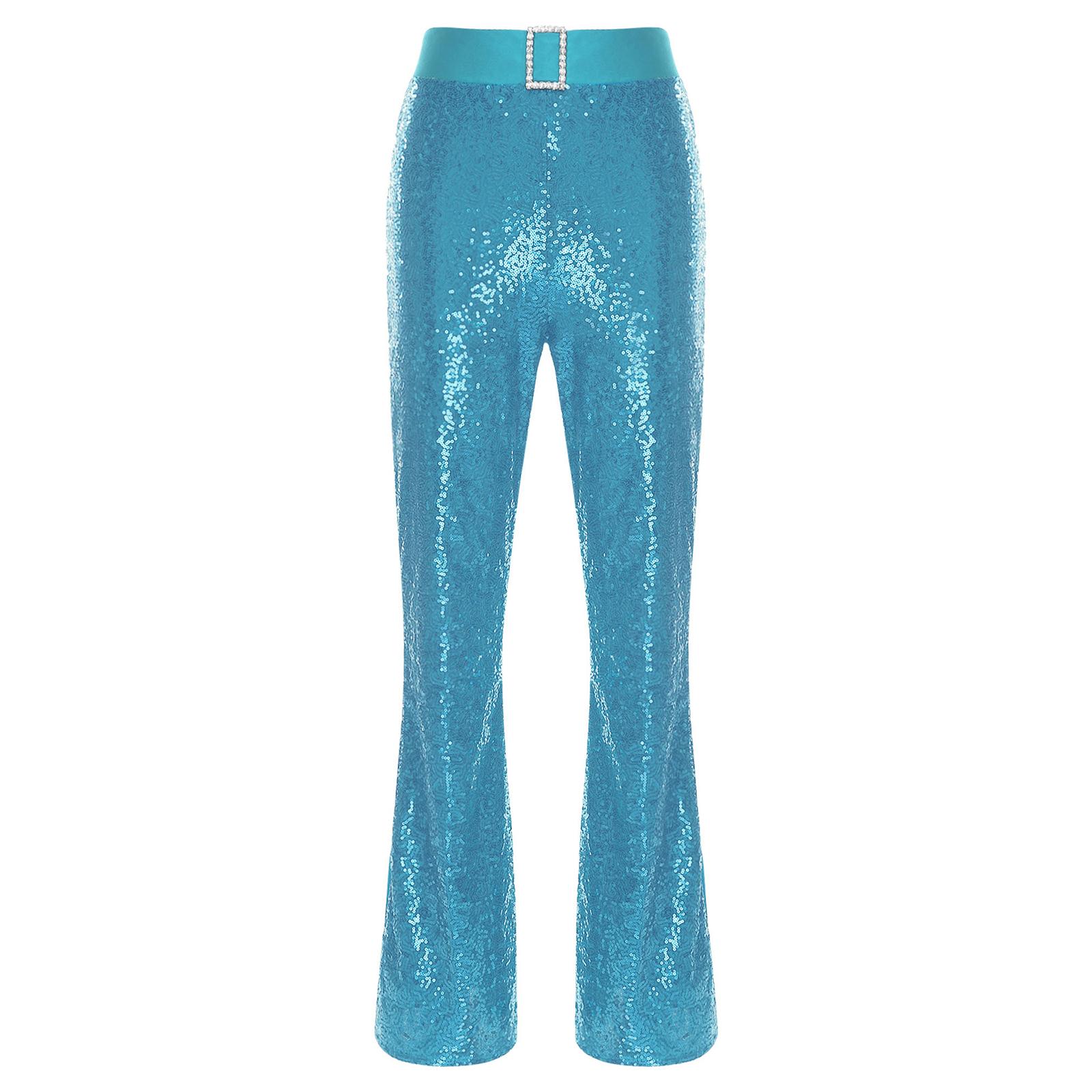 

Жіночі блискучі штани для джазових танців з паєтками, розкльошеного дизайну, з еластичною високою талією, декоровані стразами, штани-кльош XL світло-синій колір