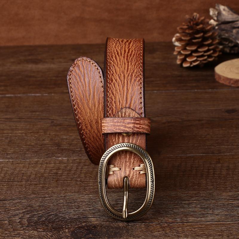 Women's Genuine Leather Engraved Copper Buckle First Layer Cowhide Casual Personality Retro Denim Thin Belt