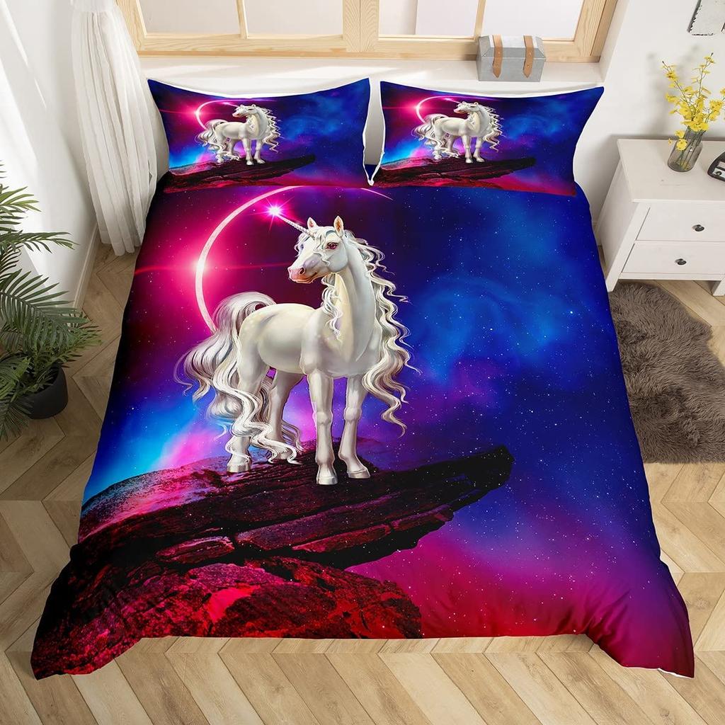 Cartoon Kawaii Unicorn Duvet Cover Set Girly Fantasy Star Moon Galaxy Bedding Set Twin King Microfiber Leaves Comforter Cover