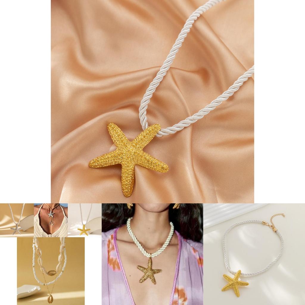 Elegant Yellow Starfish And Shell Alloy Pendant Necklace For Vacation Party Accessories