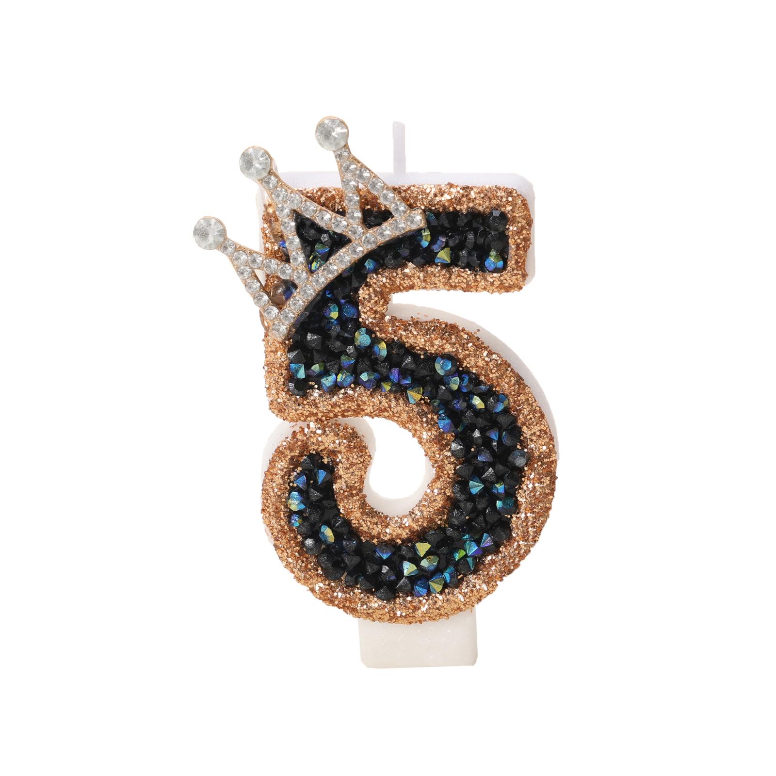 Birthday Candle Number 5 with Crown Design Glitter and Rhinestones Cake Decoration for DIY Party Celebration Accessories One Size чёрный